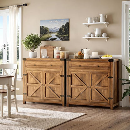 YESHOMY Coffee Bar and Accent Cabinet, Farmhouse Barn Door Buffet Sideboard with Drawer and Adjustable Shelf, Wide Desktop for Kitchen, Dining Room, Bathroom, Entryway, Brown