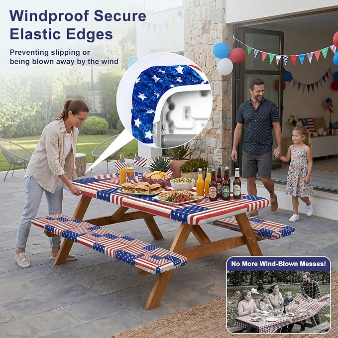 Picnic Table Cover with Bench Covers Windproof Waterproof Picnic Table Covers Camping Tablecloth with Self-Storage Bag, 72in, Multi Flag Patchwork
