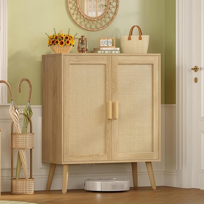 Iwell Storage Cabinet with 2 Shelves, Rattan Cabinet with 2 Doors, Sideboard Buffet Cabinets with Storage for Living Room, Dining Room, Entryway, Natural