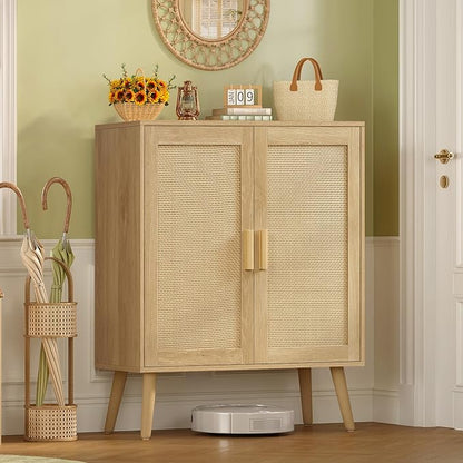 Iwell Storage Cabinet with 2 Shelves, Rattan Cabinet with 2 Doors, Sideboard Buffet Cabinets with Storage for Living Room, Dining Room, Entryway, Natural