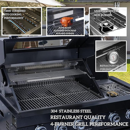 Modular Outdoor Kitchen Stainless Steel Grill Station with 4-Burner 72000 BTU Gas Grill,Side Burner,Rotisserie Kit,Granite Countertops,68L Beverage Refrigerator,Sink Station,Storage Cabinets (Silver)