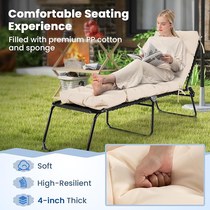 Tangkula Chaise Lounge Cushions Outdoor, 73 x 22 Inch Patio High Back Recliner Cushion with 4 String Ties, 4” Thick Padded Lounge Chair Cushion Replacement for Outdoor Indoor Furniture (1, Beige)