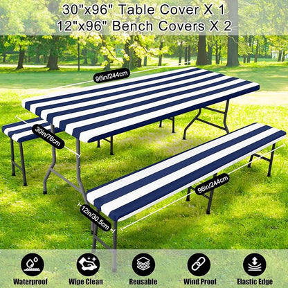 Smiry Picnic Table Cover with Bench Covers, Waterproof Elastic Fitted Tablecloth for 8 Foot Tables, Washable Polyester Tablecloths for Camping, Indoor & Outdoor (Navy Stripe, 30x96 Inch 3-pc Set)