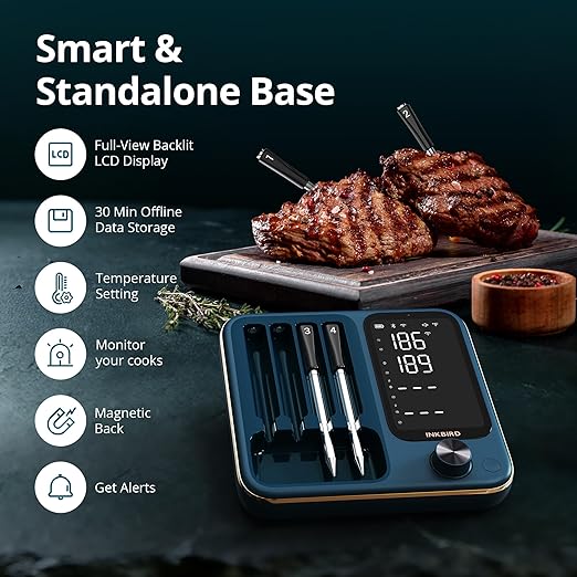 Wireless Meat Thermometer with WiFi 5G & Bluetooth 5.4, Smart Meat Thermometer for BBQ、Oven, Food Thermometer Digital with 4 Probes & 5 Sensors, NIST Accuracy, Apple Watch Alerts, 25H Use, Waterproof