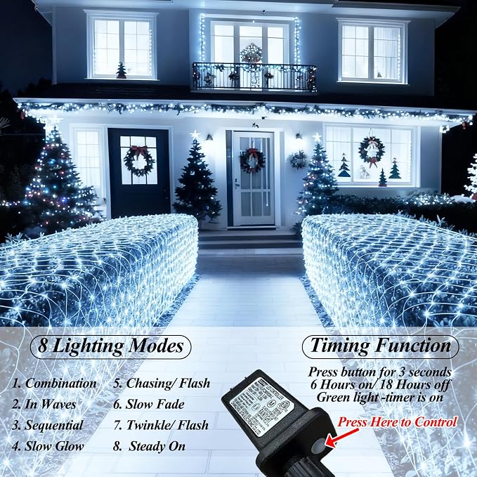 Lovelite 510 LED Christmas Net Lights, 28ft x 5ft Mesh Lights Outdoor Clear Wire 8 Modes, Waterproof Connectable String Lights Plug in for Xmas Tree Bushes Garden Holiday Party Decorations - White