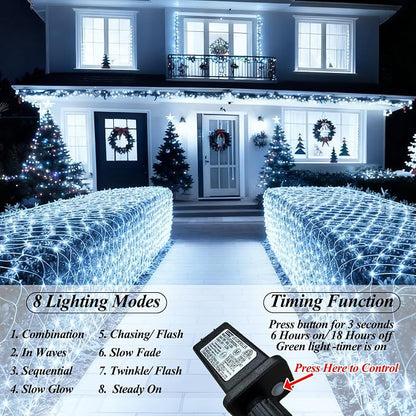 Lovelite 510 LED Christmas Net Lights, 28ft x 5ft Mesh Lights Outdoor Clear Wire 8 Modes, Waterproof Connectable String Lights Plug in for Xmas Tree Bushes Garden Holiday Party Decorations - White