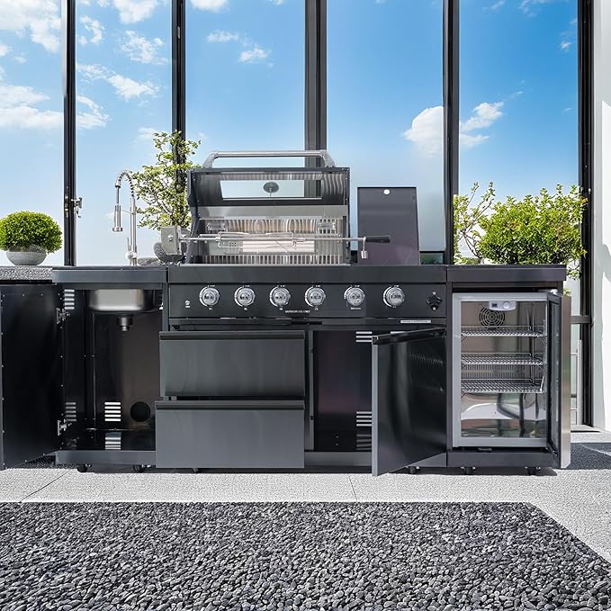 85" Natural Gas Outdoor Kitchen Island - 46-Inch 4-Burner 72,000 BTU Deluxe Stainless Steel Gas Grill Wine Cooler Compact Refrigerator Rotisserie Granite Countertops Stainless steel Sink,Black