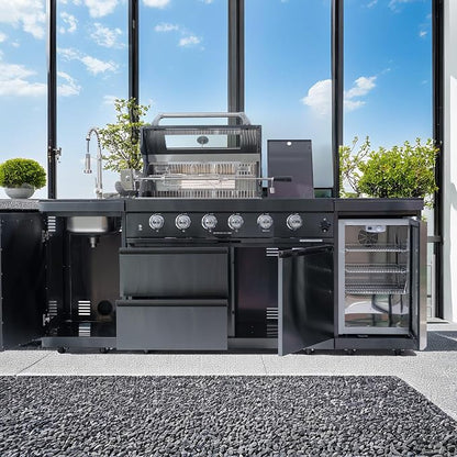 BBQ Island Outdoor Kitchen Kits 4-Burner 72000 BTU Stainless Steel Modular 85.4 Inch Propane Gas Outdoor Kitchen Bar Barbecue Island Grill with Refrigerator and Sink for Patio Backyard