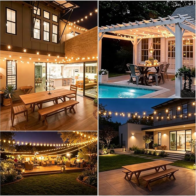 ST38 Outdoor String Lights 65FT, App and Remote, 24V Warm White | 30 ST38 LED bulbs + 1 spare, app and remote control, music sync, dimmable 2700K glow, 30 clips, rain-resistant design