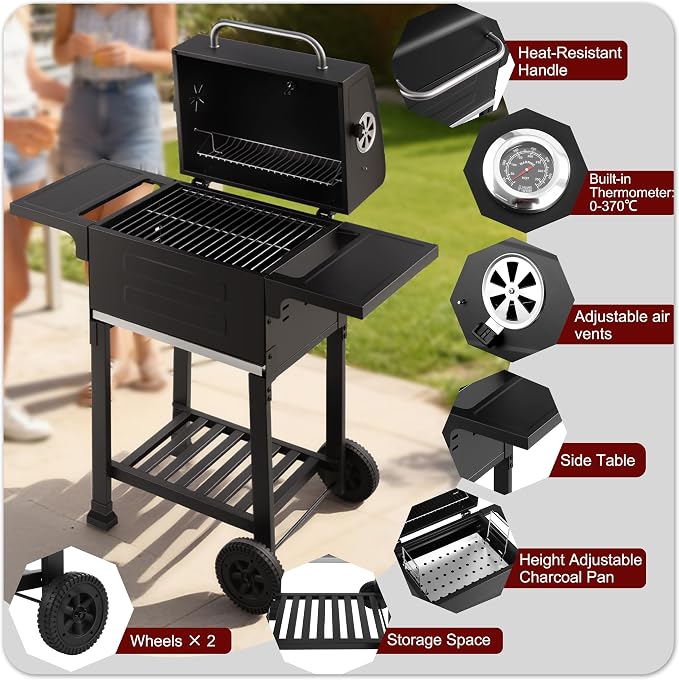 Small Charcoal Grill, 200.82 Sq. In. Outdoor BBQ Grill | Compact design, 3-level adjustable charcoal pan, thermometer, two side tables, warming rack, wheels and removable ash tray