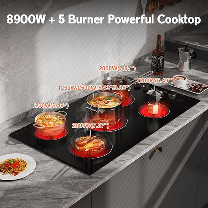 36 Inch Electric Cooktop 5 burner Karienvir, 8900W Built-in Electric Stove Top, Cooktop 36" with Double-ring Burner, Knob & Touch Control, 9 Power Levels, Timer, Safety Lock, 220V-240V Hard Wire