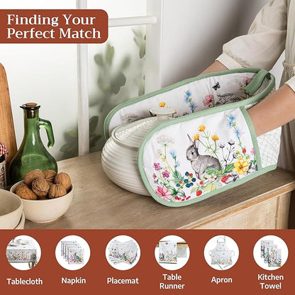 Maison d' Hermine Double Oven Mitts 100% Cotton 7"x35" Double Oven Mitt Heat Resistant BBQ Cooking Gloves with Loop Baking Grilling Kitchen Hotel Home Farmhouse Spring Summer (Printemps)