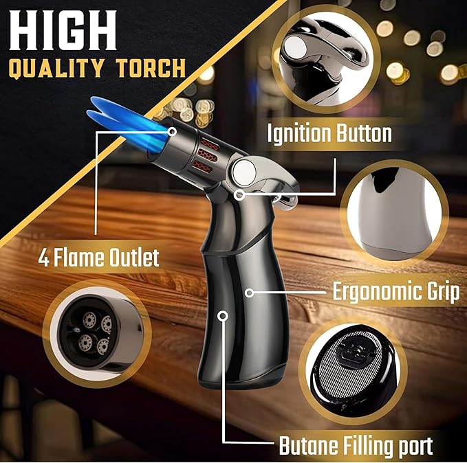 Whiskey Smoker Kit with QuadTorch, 6 Wood Chips, & Wood Box for Smoking Drinks| Cocktail Smoker Kit| Bourbon Smoker Kit| Old Fashioned Smoker Kit| Smoked Whisky Gift for Father's Day (No Butane Incl.)