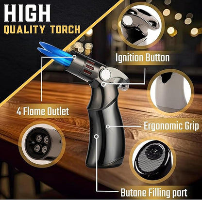 Whiskey Smoker Kit with QuadTorch, 6 Wood Chips, & Wood Box for Smoking Drinks| Cocktail Smoker Kit| Bourbon Smoker Kit| Old Fashioned Smoker Kit| Smoked Whisky Gift for Father's Day (No Butane Incl.)