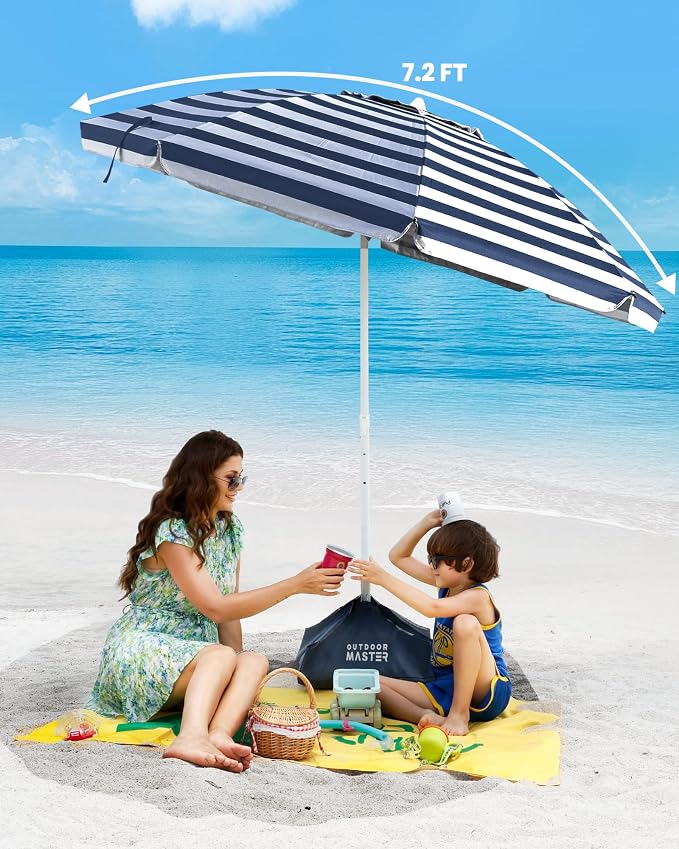 OutdoorMaster 7.2ft Beach Umbrellas for Sand with Sandbag & Anchor | 7.2ft Adjustable Umbrella for Beach, Wind Resistant, Portable UPF50+ Sunshade with Carry Bag for Patio