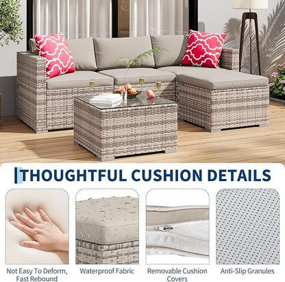 5-Piece Outdoor Sectional Sofa Set, All-Weather PE Rattan Patio Furniture with Ottoman & Tempered Glass Table, Convertible Garden Couch for Backyard, Porch, Poolside (Gray)
