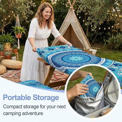 Picnic Table Cover Bench Covers Camping Essentials Tablecloth | Waterproof Vinyl for Outdoor, Windproof Elastic Fitted Edges, RV BBQ Accessories Must Haves, Storage Bag Included