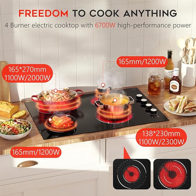 Electric Cooktop 30 Inch Hobsir, 4 Burner Electric Stove Top 6700W, Dual-Ring Burner & Oval Burner, 9 Power Level, 30 Inch Cook top with Safety Lock, Timer, White Knob