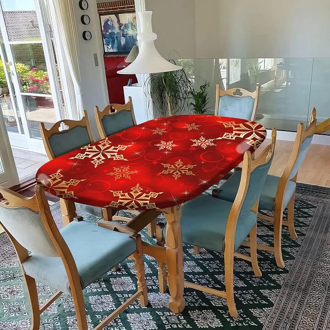Red Christmas Oval Tablecloths, Golden Snowflake Print Elastic Fitted Table Cloth, Windproof Oblong Covers for Indoor Dinner and Outdoor Patio Decor, Fits Tables up to 48'' x 68''