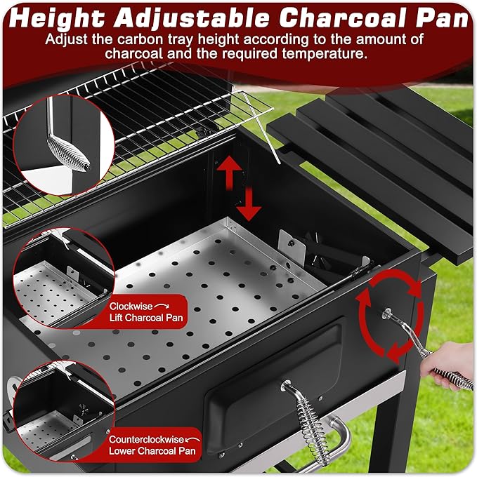 Portable Charcoal Grill, Large BBQ Grill with Height Adjustable Charcoal Pan, Built-in Thermometer & Foldable Side Table, Outdoor Charcoal Grill Portable for Patio Backyard Picnic Camping