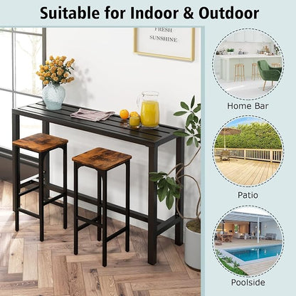 COSTWAY Outdoor Bar Table 55-inch Wide, Narrow Counter Height Dining Table with Waterproof Top and Heavy-Duty Metal Frame, Rectangular Pub Table for Garden Patio Backyard Poolside, Black | with Waterproof Top and Heavy-Duty Metal Frame, Rectangular Pub...