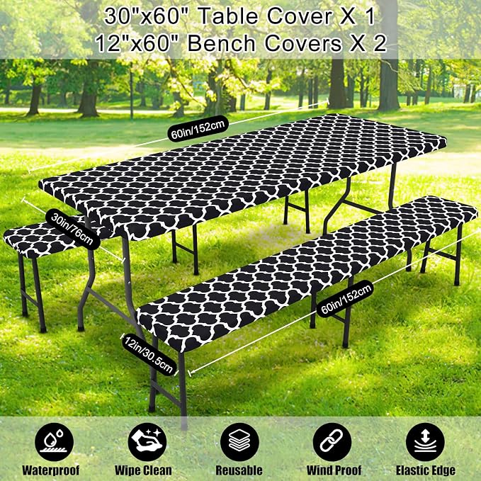 Smiry Picnic Table Cover with Bench Covers, Waterproof Elastic Fitted Tablecloth for 5 Foot Tables, Washable Polyester Tablecloths for Camping, Indoor & Outdoor (Black, 30x60 Inch 3-pc Set)