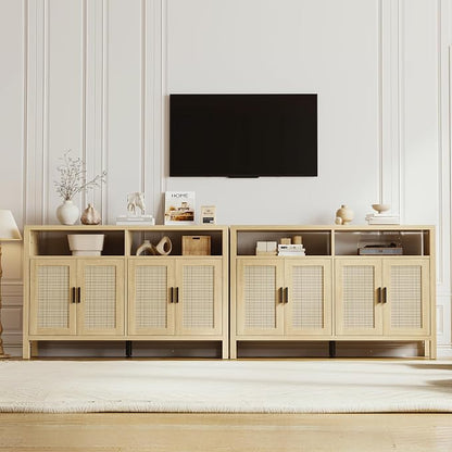 Rattan Buffet Cabinet with Storage, Sideboard with Doors, Console Table, Farmhouse Coffee Bar, Modern Wood Storage Cabinets(Oak 2.0)