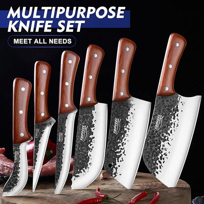 Topfeel 8PCS Chef Butcher Fish Knife Set for Meat Cutting with Roll Bag, Hand Forged Meat Cleaver Knife Boning Carving Knife Set for Home、Camping、BBQ
