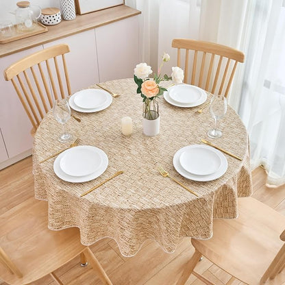 NLMUVW 48 Inch Round Vinyl Tablecloth Flannel Backing, 100% Waterproof PVC Table Cloth Wipe Clean Table Cover for Dining Party Camping Outdoor, Wood Check