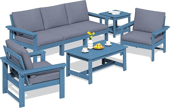 SERWALL HDPE Patio Furniture Set, 7-piece Outdoor Sectional Sofa Set, All Weather Outdoor Couch Set for Deck, Lawn, Blue Frame with Grey Cushion