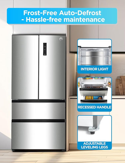 Commercial Cool 18.9 Cu. Ft. French Door Refrigerator, 33 Inch Wide Refrigerator with 2 Bottom Mount Freezer Drawers, Frost Free, LED Lighting, Digital Temperature Control, CCRF1890KS, Stainless Look | 33 Inch Wide Refrigerator with 2 Bottom Mount Free...
