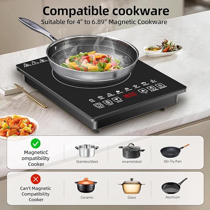 Single Burner Induction Cooktop,Hot Plate with 6 Cooking Modes, portable cooktop with LCD touch control,9 Levels &3H Timer,1800W 110V Portable induction Cooktop