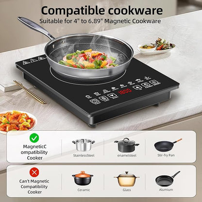Single Burner Induction Cooktop,Hot Plate with 6 Cooking Modes, portable cooktop with LCD touch control,9 Levels &3H Timer,1800W 110V Portable induction Cooktop