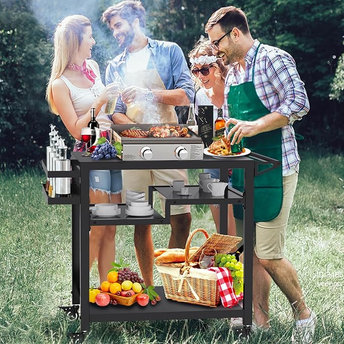 20"x 32" Three-Shelf Movable Outdoor Dining Cart Table, Multifunctional Food Prep Stand, Outdoor Grill Table with Wheels