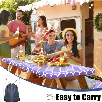 Smiry Picnic Table Cover with Bench Covers, Waterproof Elastic Fitted Tablecloth for 8 Foot Tables, Washable Polyester Tablecloths for Camping, Indoor & Outdoor (Lavender, 30x96 Inch 3-pc Set)