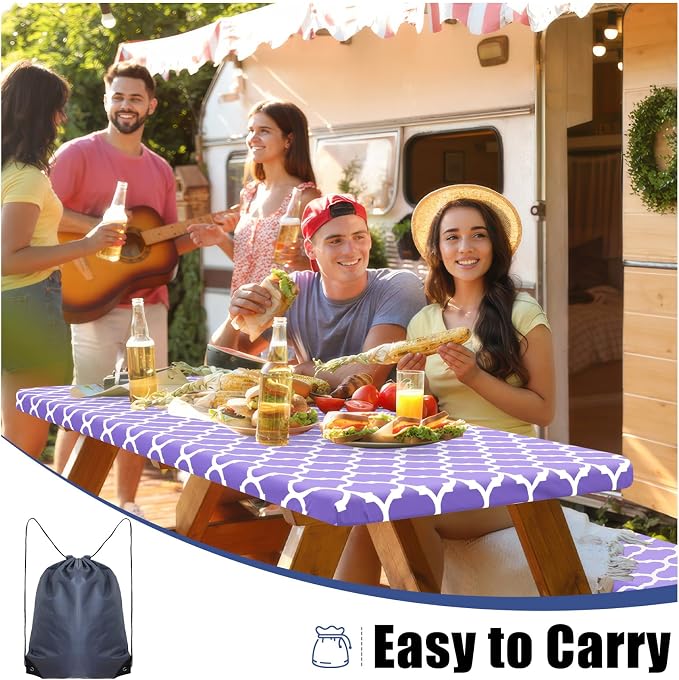 Smiry Picnic Table Cover with Bench Covers, Waterproof Elastic Fitted Tablecloth for 5 Foot Tables, Washable Polyester Tablecloths for Camping, Indoor & Outdoor (Lavender, 30x60 Inch 3-pc Set)