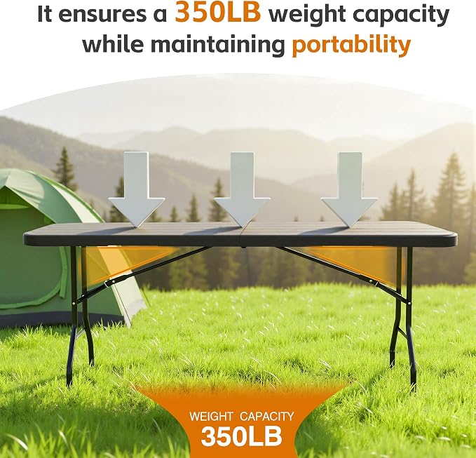 6 Ft Plastic Folding Table,Heavy Duty Portable Table for Indoor & Outdoor,Wood Grain Desktop & 350lbs Weight Capacity,Premium Solutions for Camping,Picnic,BBQ and Party