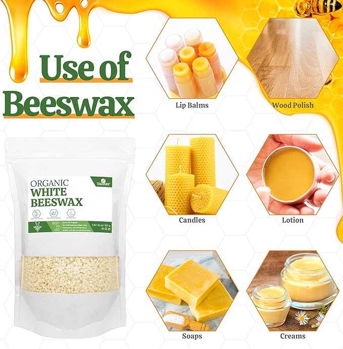 YASNAY White Beeswax Pellets 2LB, Organic Beeswax, Bees wax for Candle Making, Body, Skin Care DIY, Lip Balm and Soap Making Supplies