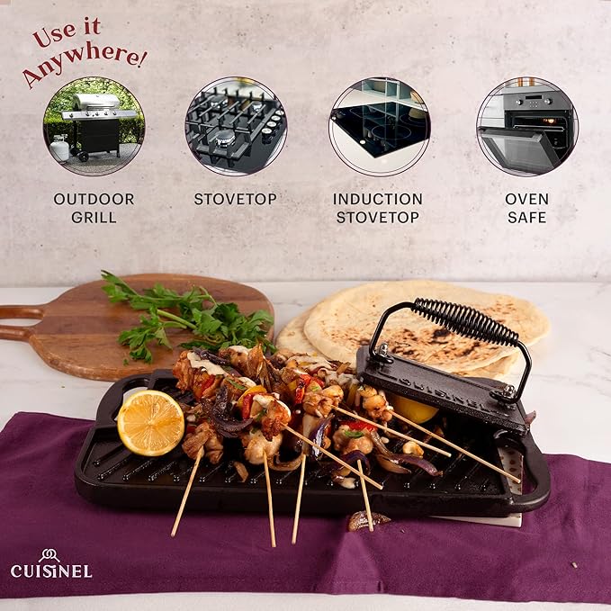 Cuisinel Cast Iron Griddle/Grill + Burger Press + Pan Scrapers - Reversible Pre-Seasoned 16.75" X 9.5"-inch Dual Handle Flat Skillet and Griller Pan + Cleaning Accessories - Indoor/Outdoor Stove Safe