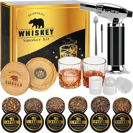 Whiskey Smoker Kit with Torch - 6 Natural Wood Chips Flavors, 2 Glasses, 2 Ice Molds - Cocktail Smoker Infuser Kit, Old Fashioned Smoker Kit, Birthday Bourbon Whiskey Gifts for Men, Dad(No Butane)