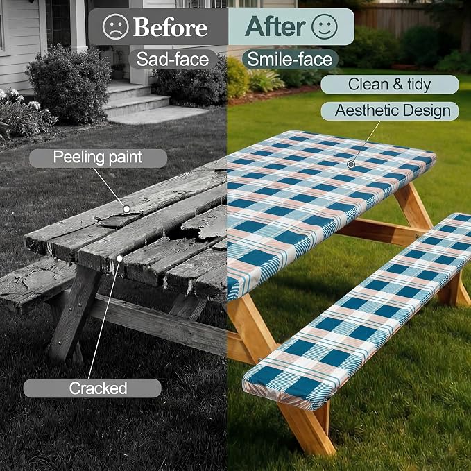 Picnic Table Cover Bench Covers Camping Essentials Tablecloth | Waterproof Vinyl for Outdoor, Windproof Elastic Fitted Edges, RV BBQ Accessories Must Haves, Storage Bag Included