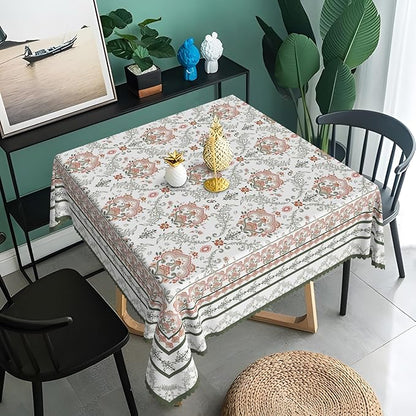 Rustic Floral Tablecloth 60x60 Inch Square Green Pink Flower Boho Spring Wrinkle Resistant Table Cloth Washable Seasonal Retro Square Table Cover for Home Restaurant Picnic Camping 60x60 Inch