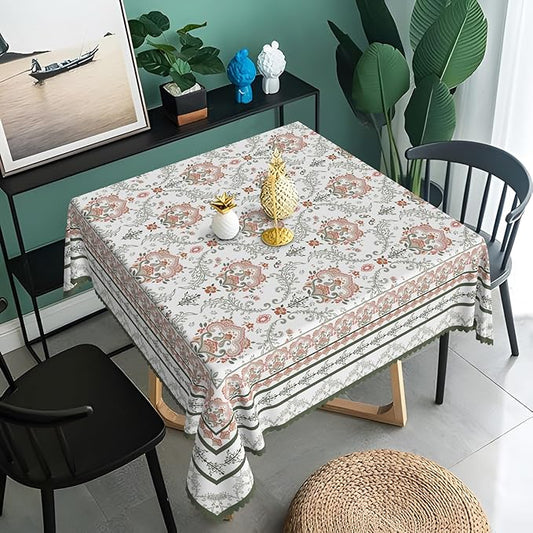 Rustic Floral Tablecloth 60x60 Inch Square Green Pink Flower Boho Spring Wrinkle Resistant Table Cloth Washable Seasonal Retro Square Table Cover for Home Restaurant Picnic Camping 60x60 Inch