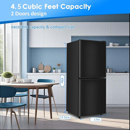 Compact Refrigerator with Freezer, 4.5 Cu. Ft. 2-Door Dorm Fridge, Black | Compact Refrigerator 7-Level Adjustable Thermostat, Glass Shelves, Small Refrigerator with Freezer for Home, RV, Office
