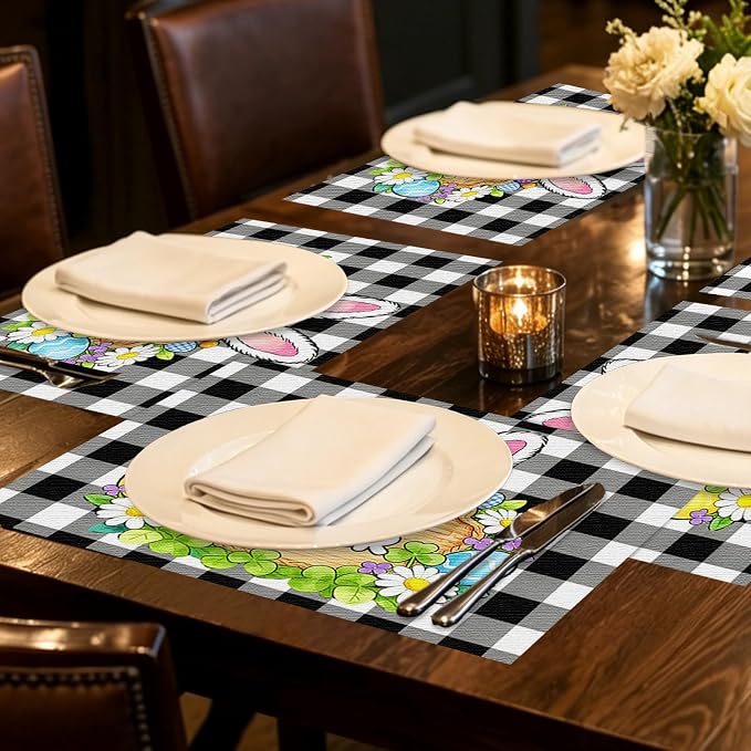 Nuxovilar Tablerunner and Placemats Set of 7 Black-White Plaid Easter Decor Linen Square Placemats for Dining Dining Sets and Accessories Family Dinner, Easter Celebration, Restaurant Setup