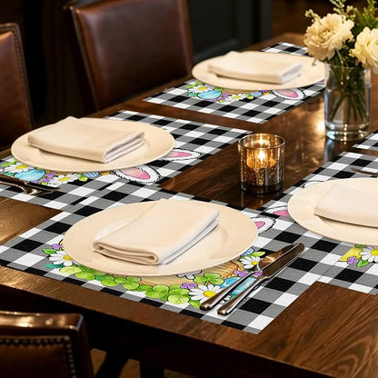 Nuxovilar Tablerunner and Placemats Set of 7 Black-White Plaid Easter Decor Linen Square Placemats for Dining Dining Sets and Accessories Family Dinner, Easter Celebration, Restaurant Setup