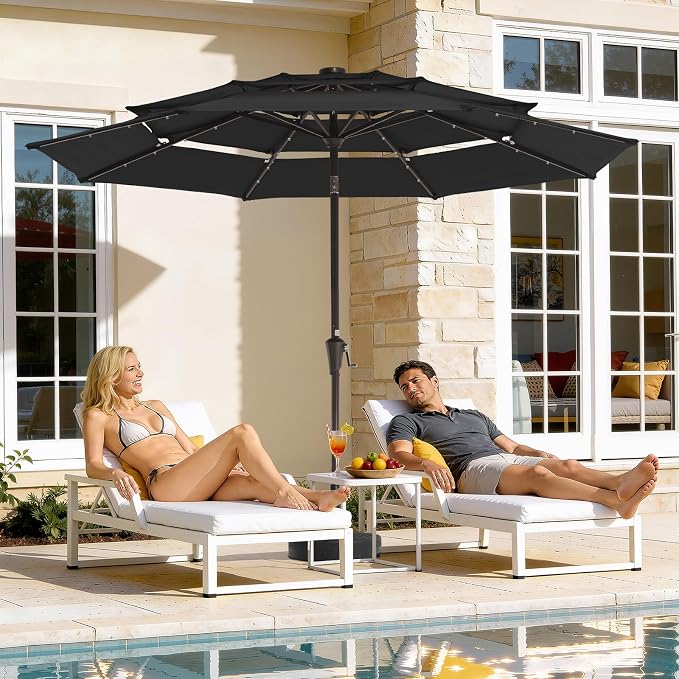 JEAREY 9 ft 3-Tier Outdoor LED Lighted Patio Umbrella w/Crank, Black | Solar Market Table Umbrella with 8 Sturdy Ribs, UV Protection Waterproof Sunproof for Garden, Deck and Backyard