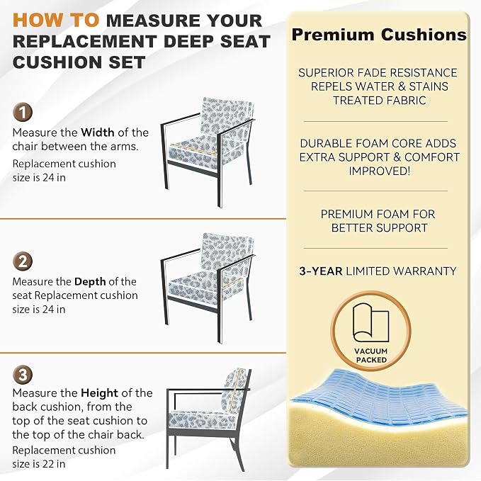 Deep Seat Patio Cushions Set 24 x 24 Inch,Olefin Fabric Outdoor Seat Cushion,Patio Furniture Cushions with Removable Cover,Rain-Proof and Fade Resistant Deep Seat Bottom & Back Cushion,1set