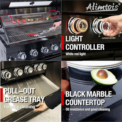 82-Inch 6-Burner 85000 BTU Deluxe Stainless Steel Gas BBQ Island Outdoor Kitchen with Wine Cooler, Rotisserie Kit, Granite Countertops & Stainless Steel Sink - Modular Outdoor Kitchen