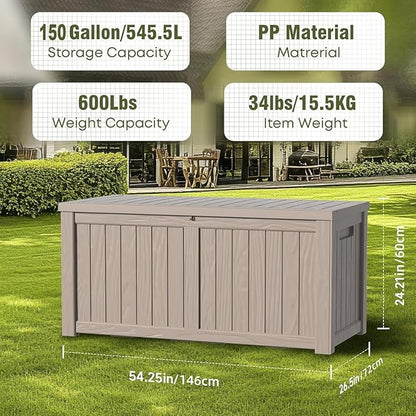 150 Gallon Outdoor Storage Box Waterproof - Outside Resin Deck Box, Lockable Storage Bin for Patio Furniture,Garden Tools,Cushions,Pool Accessories(Grey)